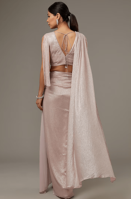 Pink Shimmer Chiffon Saree Set - Image 2