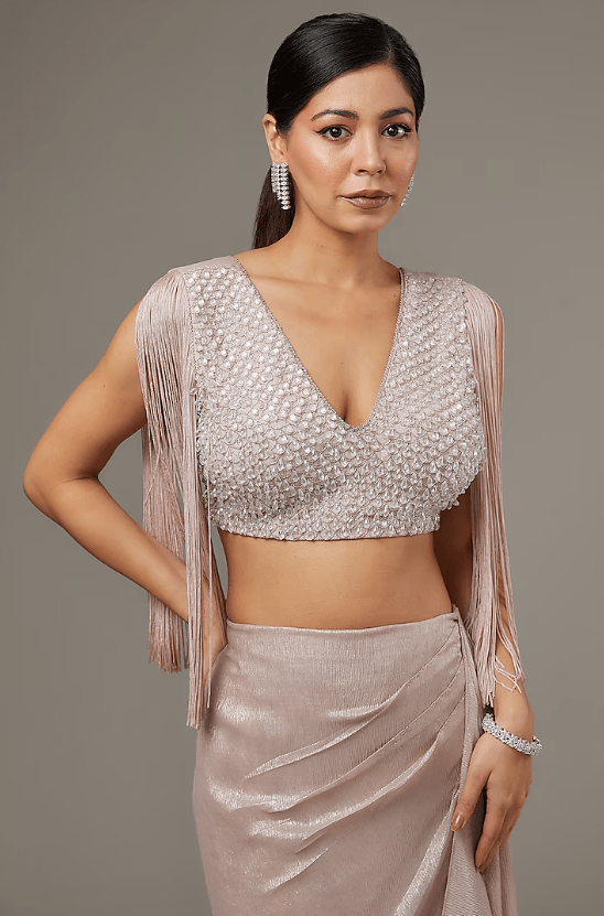 Pink Shimmer Chiffon Saree Set - Image 3