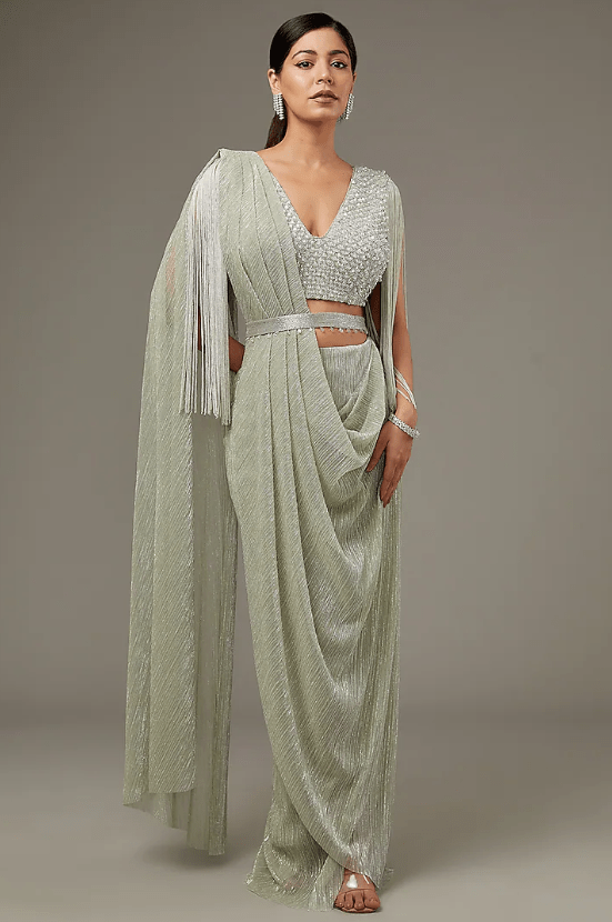 Gold Shimmer Crepe Saree Set