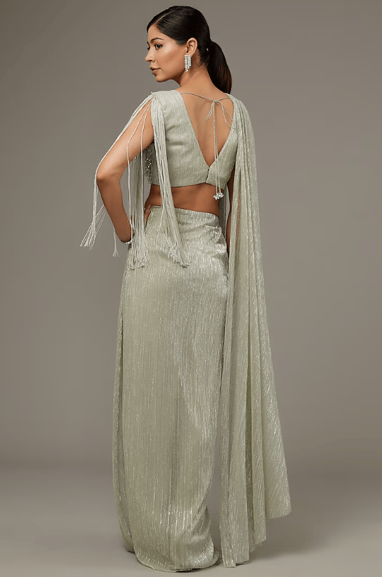 Gold Shimmer Crepe Saree Set - Image 2