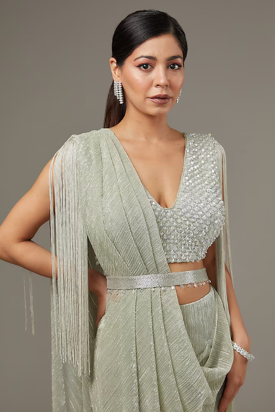 Gold Shimmer Crepe Saree Set - Image 4