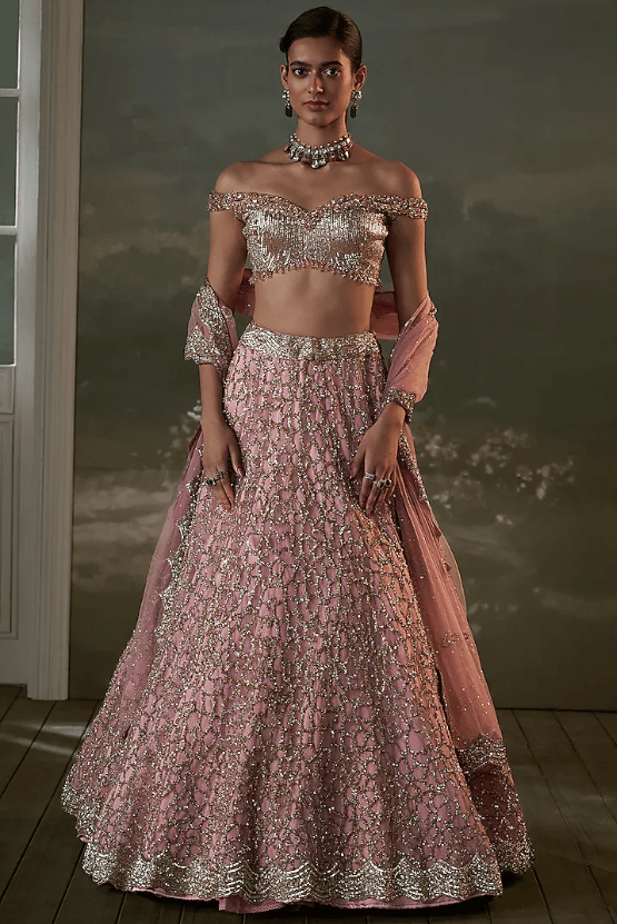 Old Rose Net & Satin Sequins Embroidered Lehenga Set