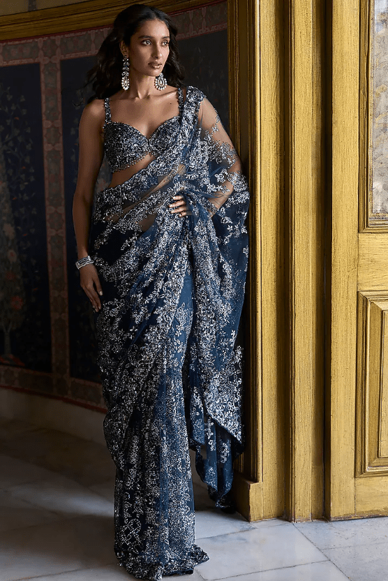 Teal Blue Net Sequins Embroidered Saree Set