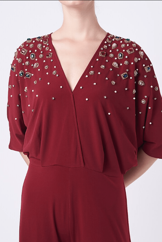 Burgundy Hand Embellished Jumpsuit - Image 3