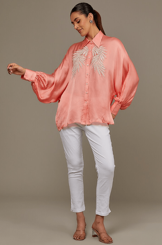 Peach Satin Georgette Pearl Embellished Shirt