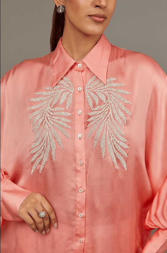 Peach Satin Georgette Pearl Embellished Shirt - Image 2