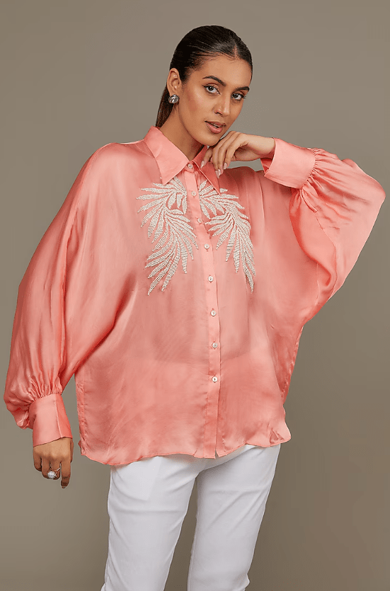 Peach Satin Georgette Pearl Embellished Shirt - Image 3