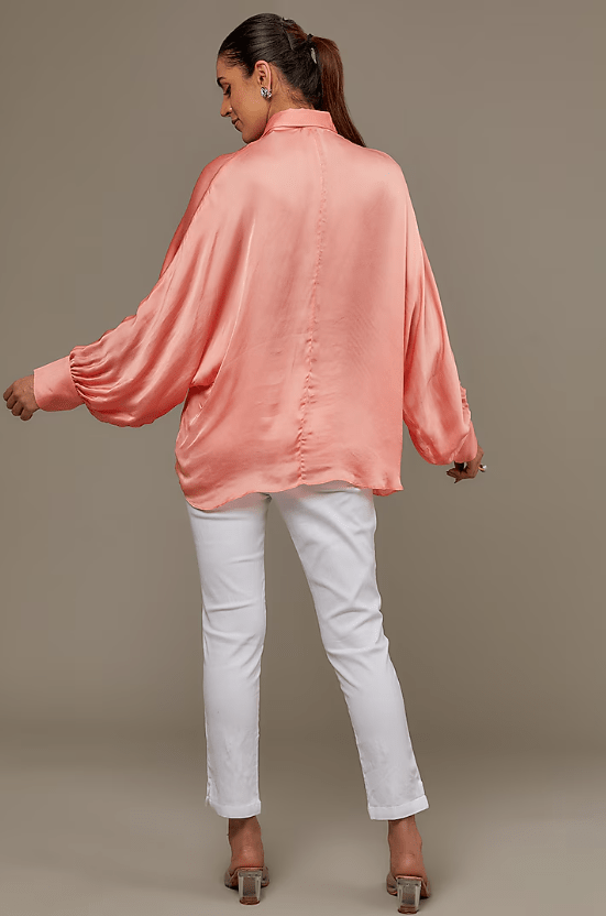 Peach Satin Georgette Pearl Embellished Shirt - Image 4