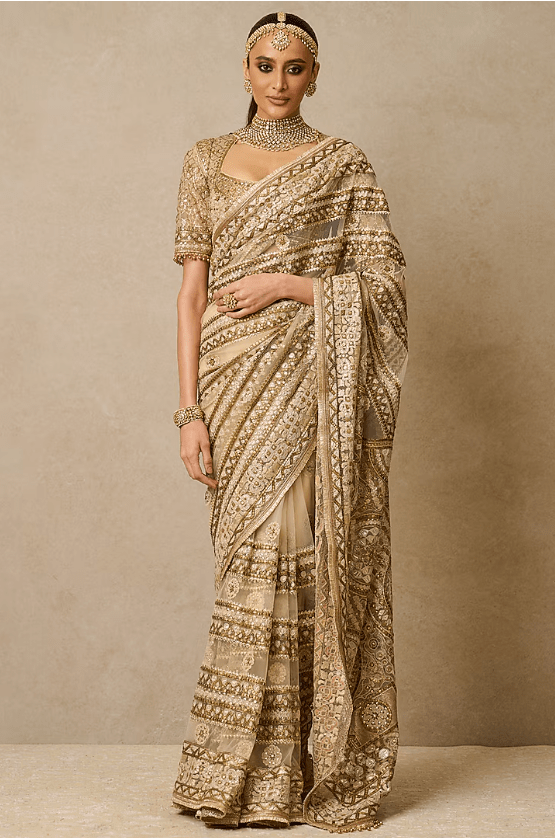 Gold Tulle Embroidered Saree Set
