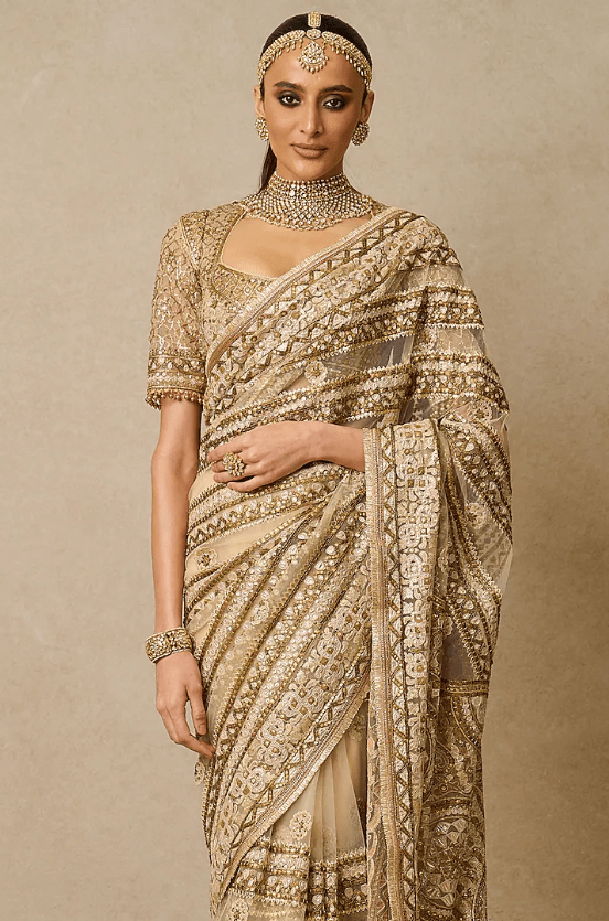 Gold Tulle Embroidered Saree Set - Image 3