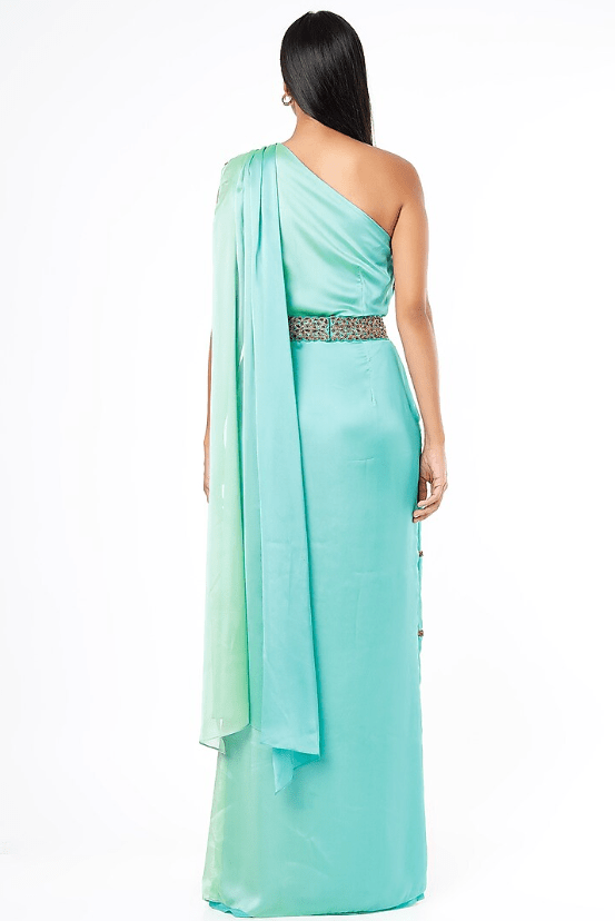 Mint Blue Embellished Saree Gown - Image 2