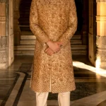 Muted Ivory Raw Silk Sherwani with Aari & Zardosi Embroidery in Garden Roses