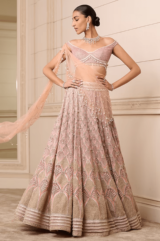 Coral Tulle Embroidered Lehenga Set
