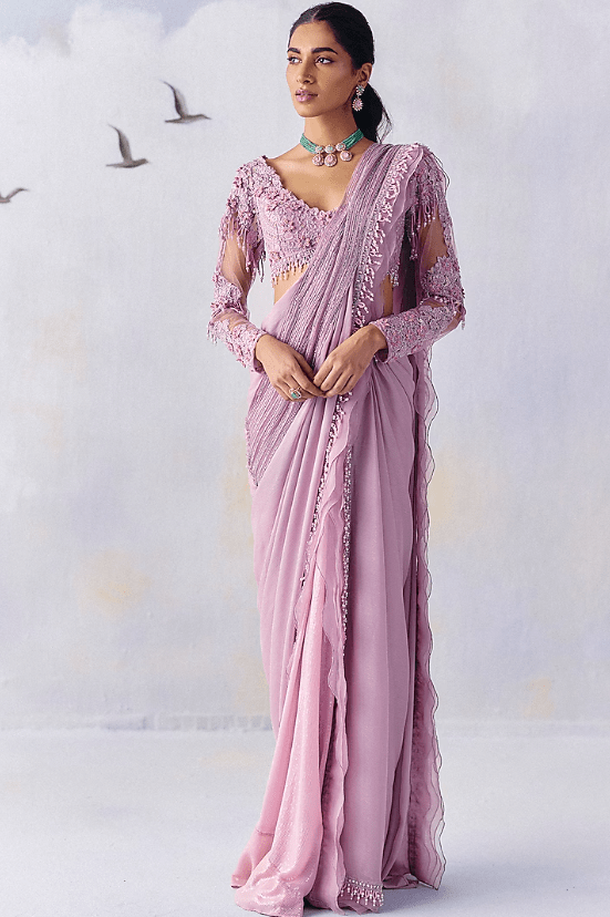 Lilac Metallic Georgette Embroidered Draped Saree Set