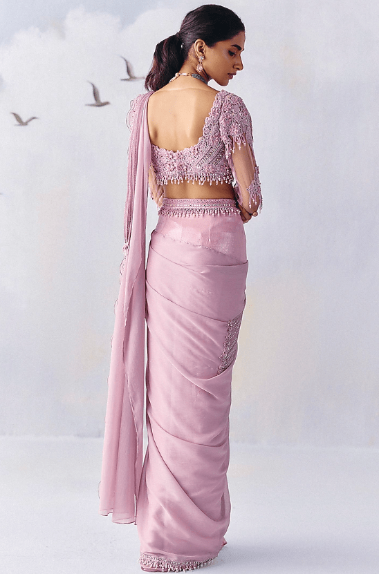 Lilac Metallic Georgette Embroidered Draped Saree Set - Image 2