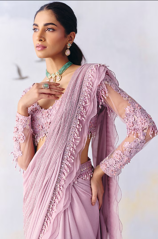 Lilac Metallic Georgette Embroidered Draped Saree Set - Image 3