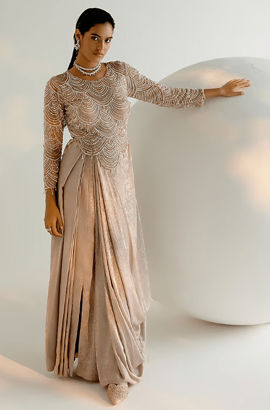 Beige Tulle & Crepe Pearl Hand Embroidered Draped Cowl Dress  Lady  Selection Inc