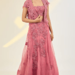 Pink Organza & Net Floral Hand Embroidered Jacket Lehenga Set
