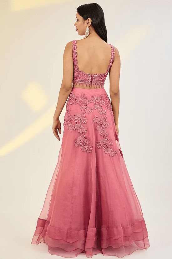 Pink Organza & Net Floral Hand Embroidered Jacket Lehenga Set - Image 4