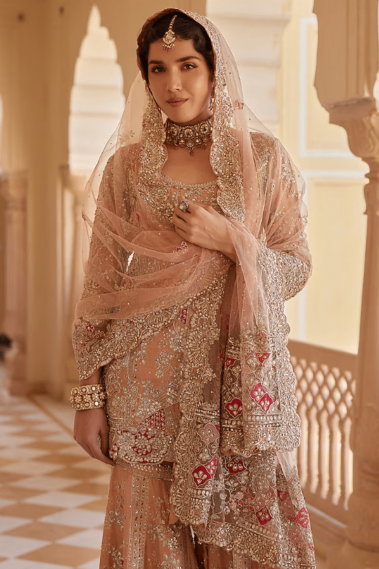 Salmon Peach Raw Silk Zardosi Work Handcrafted Sharara Set - Image 4