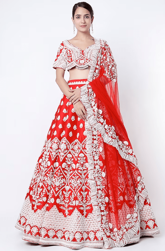 Red Pearl Embroidered Lehenga Set