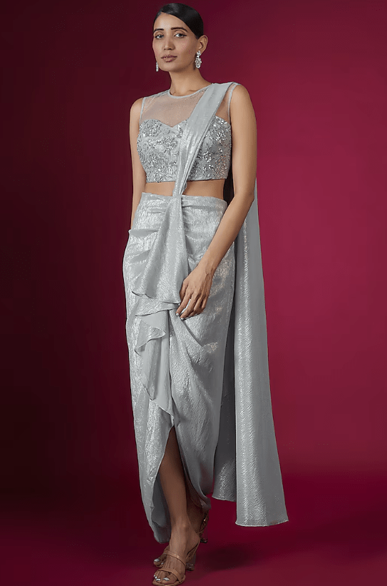 Ice Blue Shimmer Chiffon Floral Hand & Machine Embellished Draped Saree Set