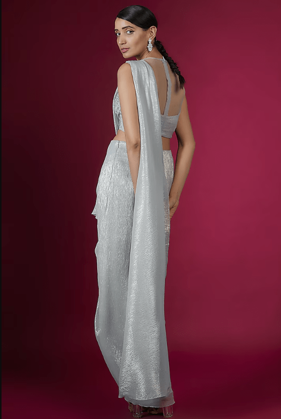 Ice Blue Shimmer Chiffon Floral Hand & Machine Embellished Draped Saree Set - Image 2