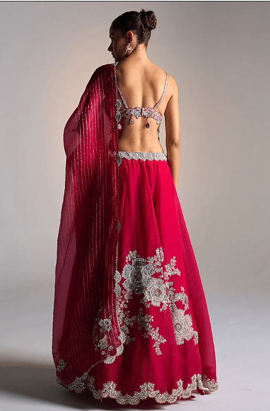 Ruby Organza Zardosi Embroidered Handcrafted Lehenga Set - Image 2