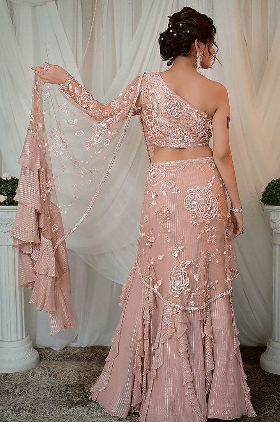 Old Rose Georgette Sequins Embroidered Concept Frilled Saree Set - Image 2