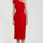 Cherry Red Polyester 3D Floral One-Shoulder Midi Dress