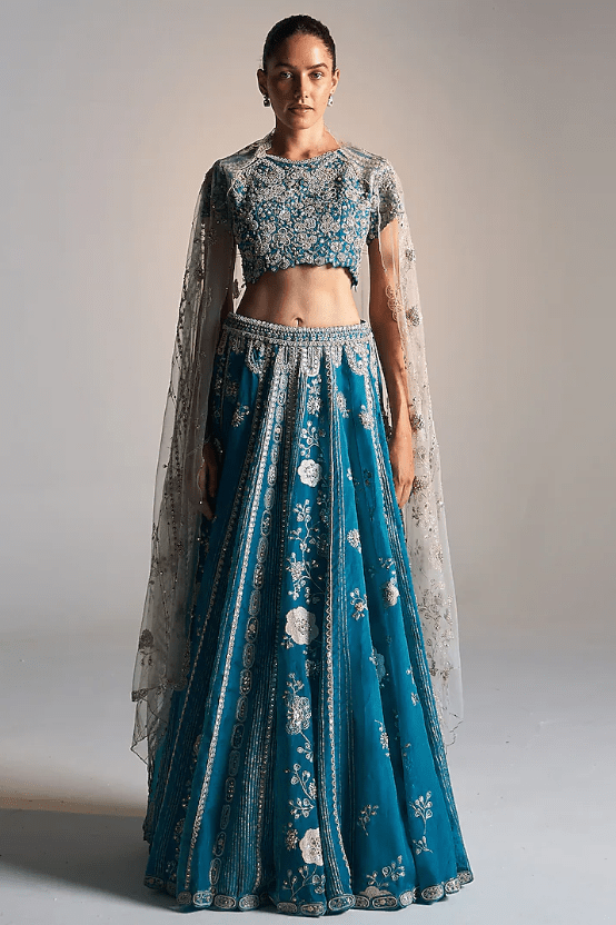Pine Green Organza Aari Work Handcrafted Lehenga Set