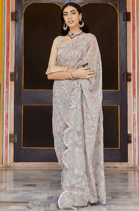 Dove Grey Optical Embroidered Saree Set