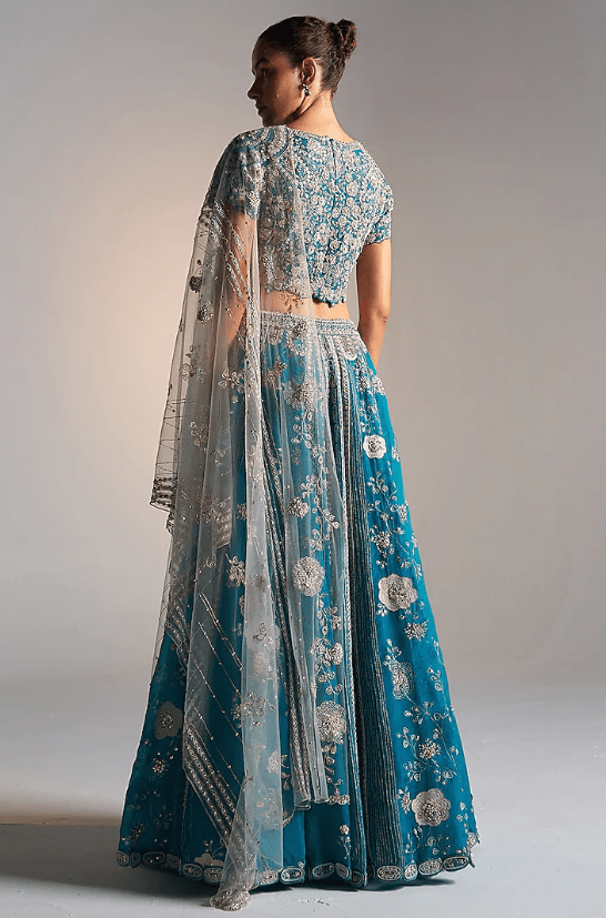 Pine Green Organza Aari Work Handcrafted Lehenga Set - Image 2