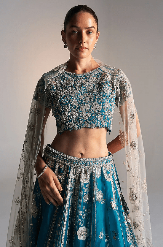 Pine Green Organza Aari Work Handcrafted Lehenga Set - Image 4