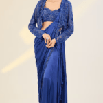 Blue Satin Georgette & Net Embellished Draped Jacket Saree Set