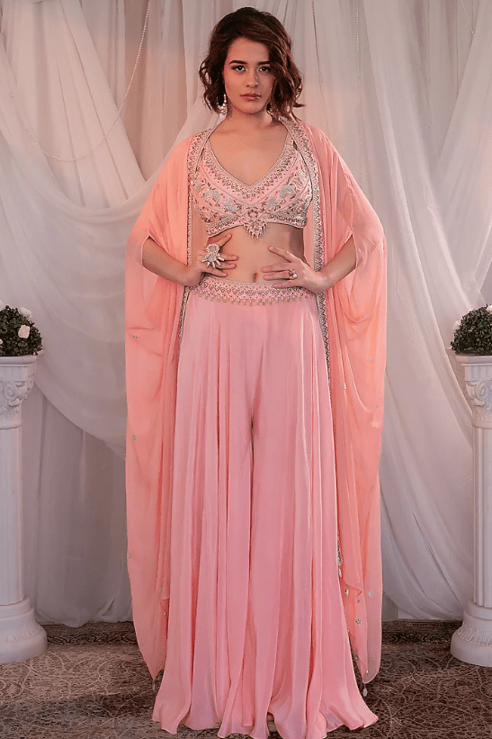 Pink Georgette Embroidered Cape Set