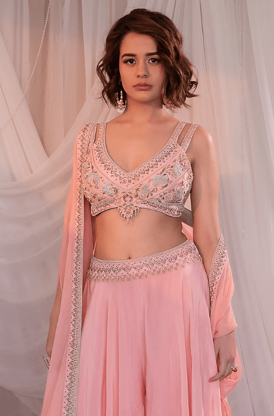 Pink Georgette Embroidered Cape Set - Image 4