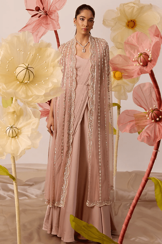 Dusty Pink Modal Satin Gown With Cape
