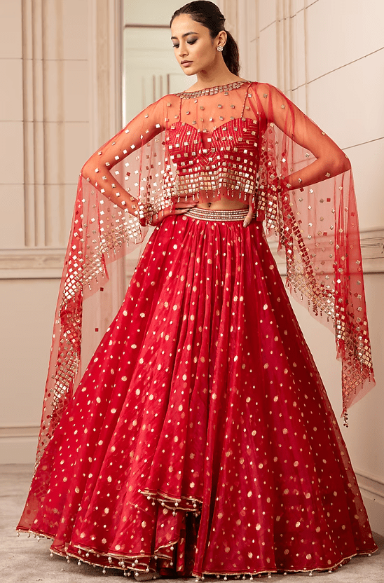 Fiery Red Embroidered Asymmetrical Lehenga Set With Cape