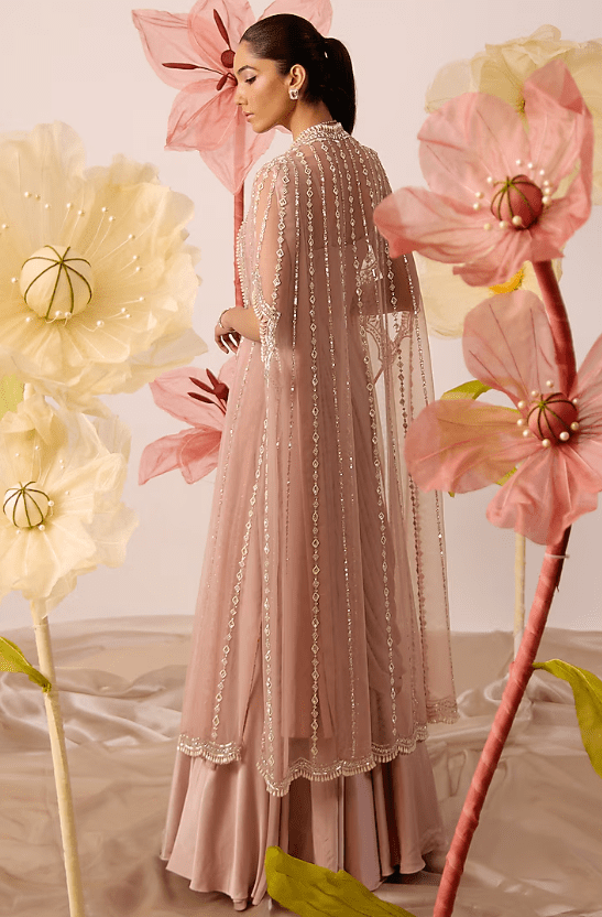 Dusty Pink Modal Satin Gown With Cape - Image 2
