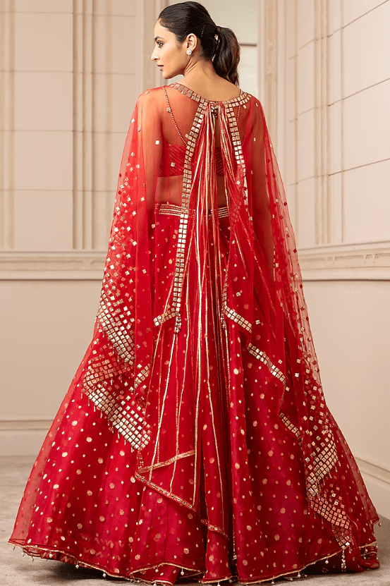 Fiery Red Embroidered Asymmetrical Lehenga Set With Cape - Image 2