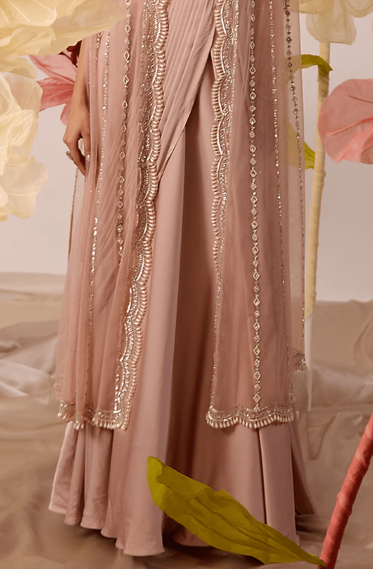 Dusty Pink Modal Satin Gown With Cape - Image 3