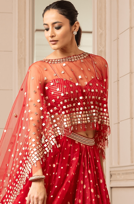 Fiery Red Embroidered Asymmetrical Lehenga Set With Cape - Image 3