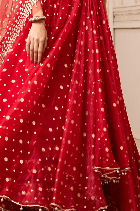 Fiery Red Embroidered Asymmetrical Lehenga Set With Cape - Image 4