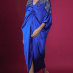 Egyptian Blue Linen Satin Floral Hand & Machine Embellished Kaftan Dress