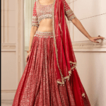 Cadmium Red Pearl Embroidered Kalidar Lehenga Set