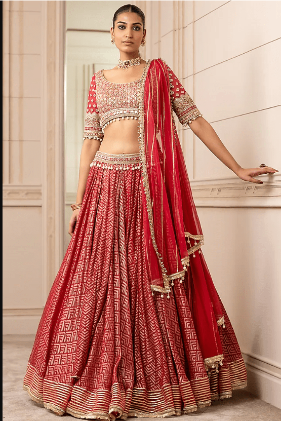 Cadmium Red Pearl Embroidered Kalidar Lehenga Set