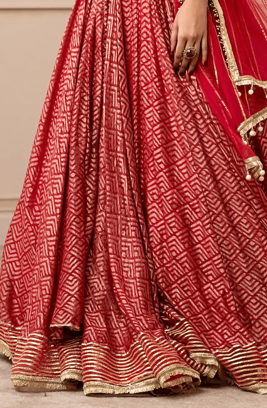 Cadmium Red Pearl Embroidered Kalidar Lehenga Set - Image 3