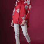 Red Linen Satin Floral Hand & Machine Embellished Shirt