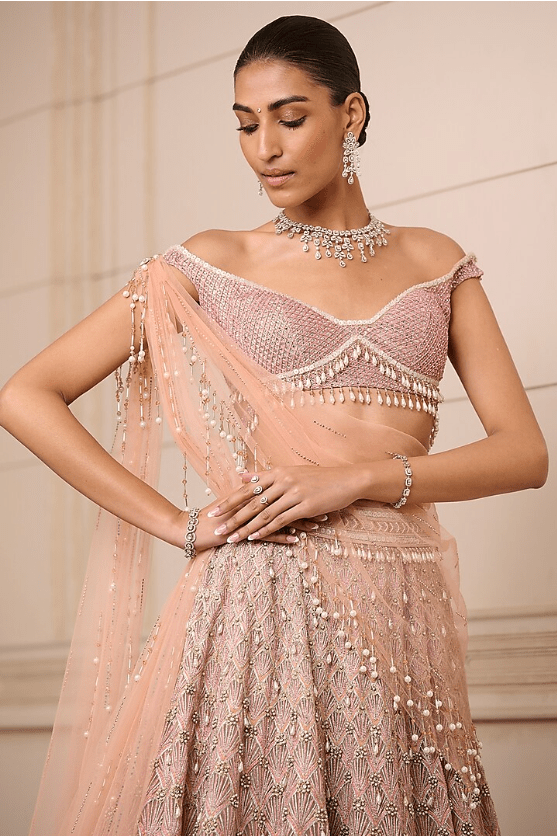 Coral Tulle Embroidered Lehenga Set - Image 4